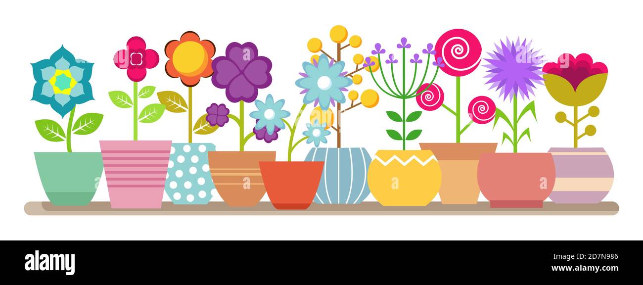 Flores de primavera y verano en las macetas - vector casa plantas ilustración. Maceta de flores, planta botánica de la casa, flores floridas en macetas Ilustración del Vector