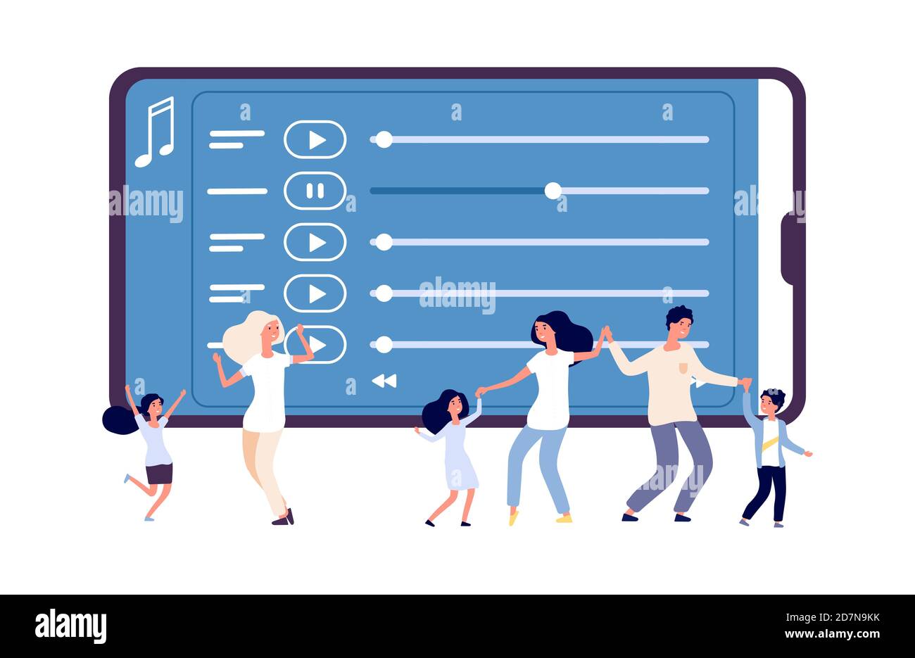 Entretenimiento móvil. Ilustración vectorial de la aplicación de música y  baile de la gente. Radio en línea, concepto de lista de reproducción de  audio. Radio por Internet, baile en familia con los