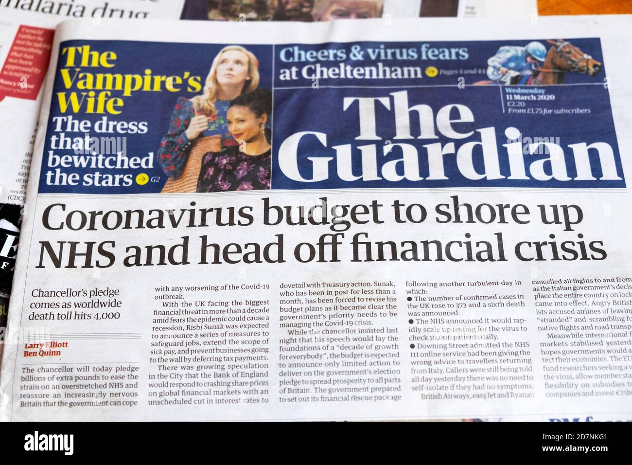 "Presupuesto de coronavirus para apuntalar NHS y la cabeza de la financiación Artículo principal del periódico crisis' Guardian 11 de marzo de 2020 Londres Inglaterra REINO UNIDO Foto de stock