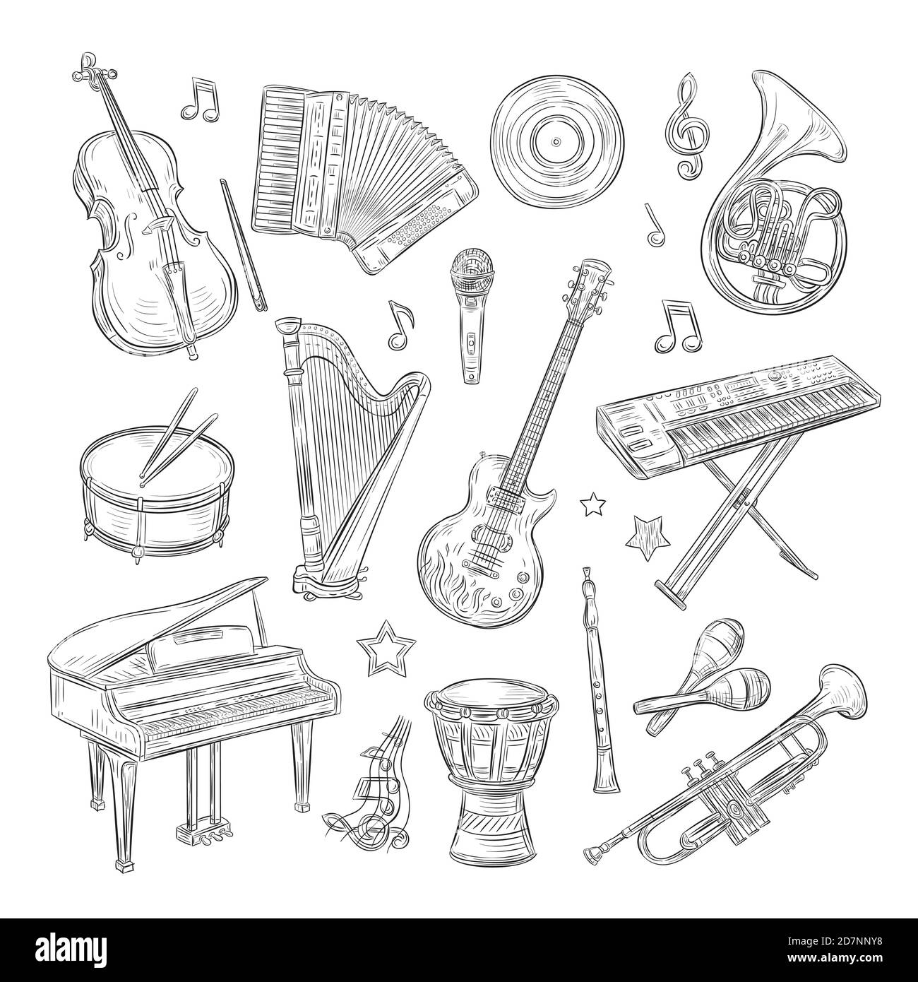 Conjunto de instrumentos musicales para niños dibujados a mano en estilo de  dibujos animados