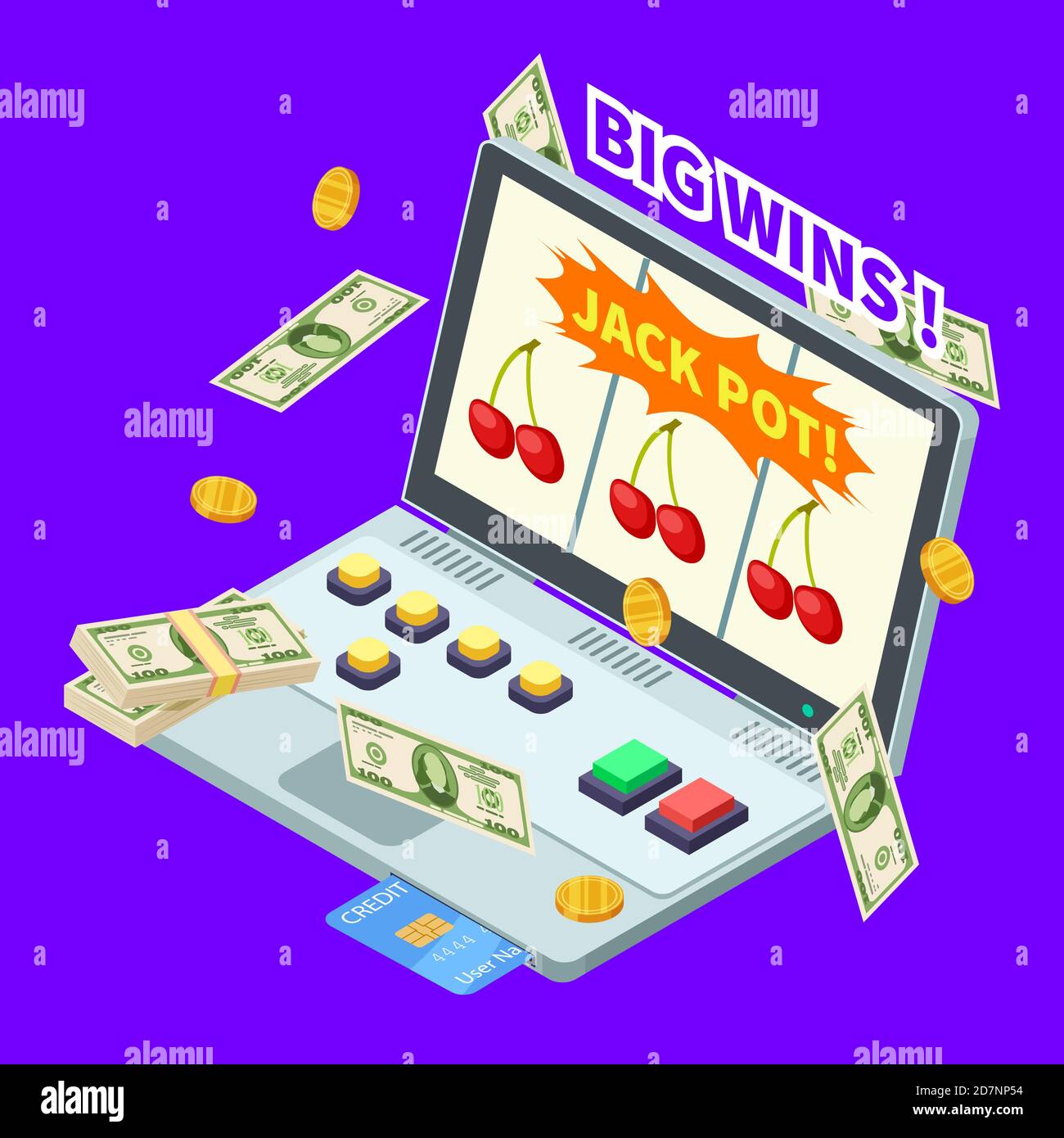 Casino en línea, premio mayor, billetes, monedas y tarjeta de crédito en la ilustración vectorial isométrica portátil. Casino y Jackpot en línea, juego en la computadora portátil Ilustración del Vector