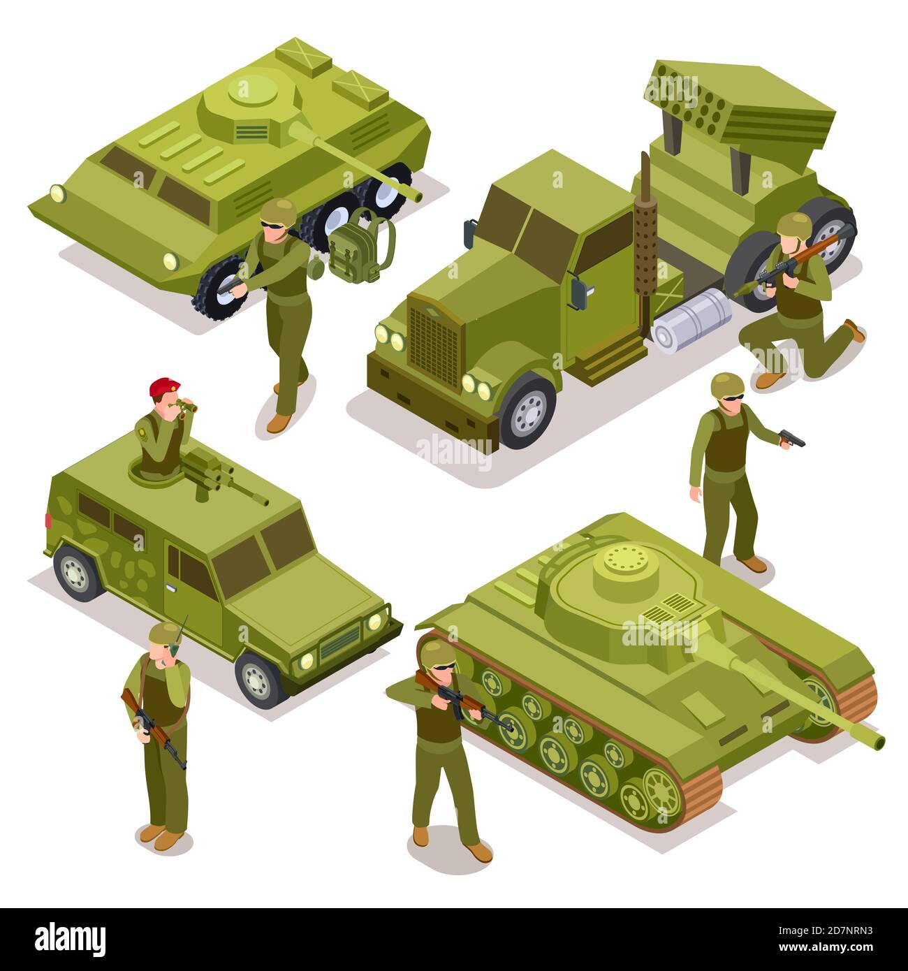 Tanques, soldados y coches militares. Ilustración isométrica vectorial 3d plana. Vehículo militar camión isométrico, transporte de coche y tanque Ilustración del Vector