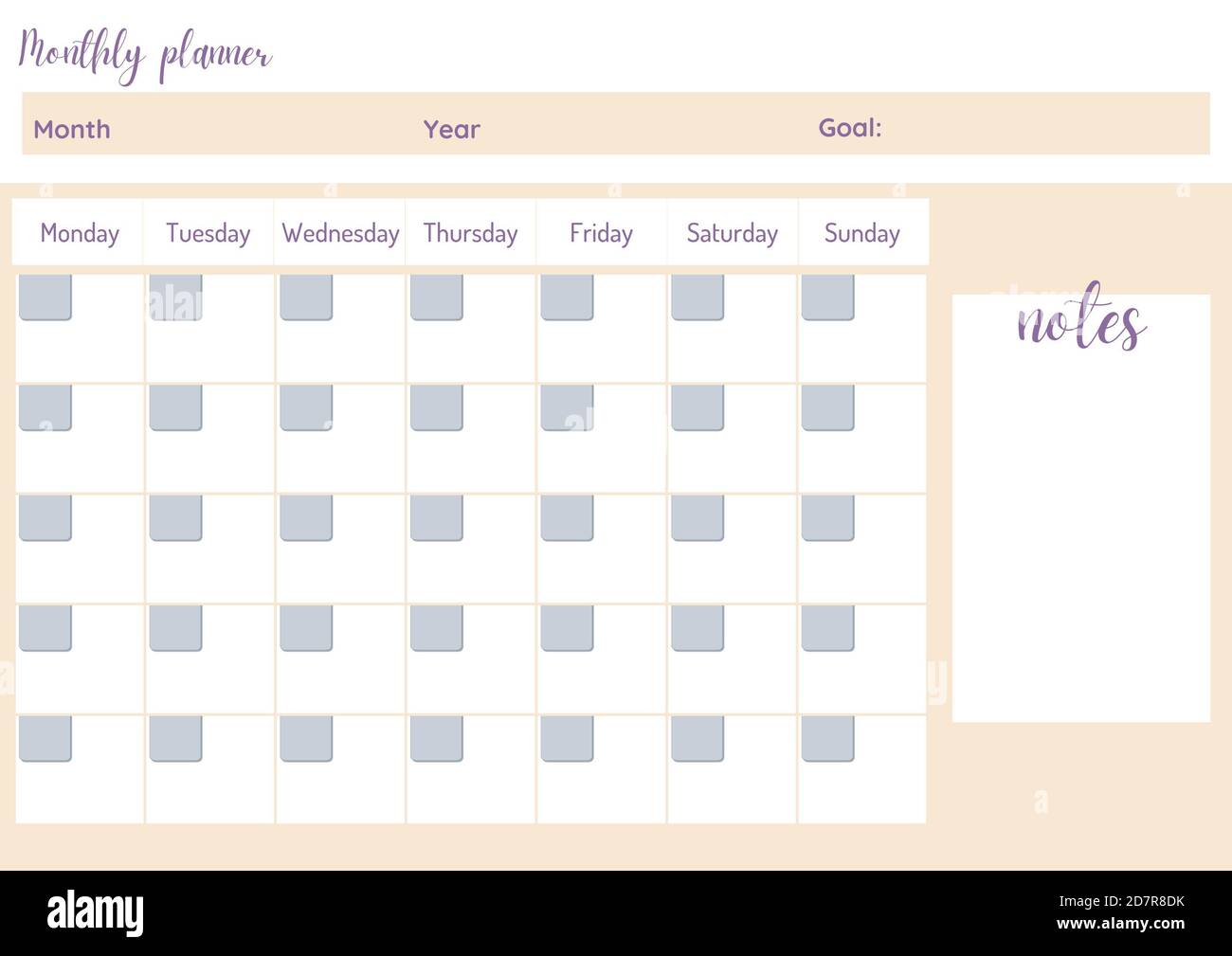Planificador mensual 2021. Plantilla de diseño de calendario mensual con  diseño minimalista. Objetivos y notas. Planificador blanco Fotografía de  stock - Alamy