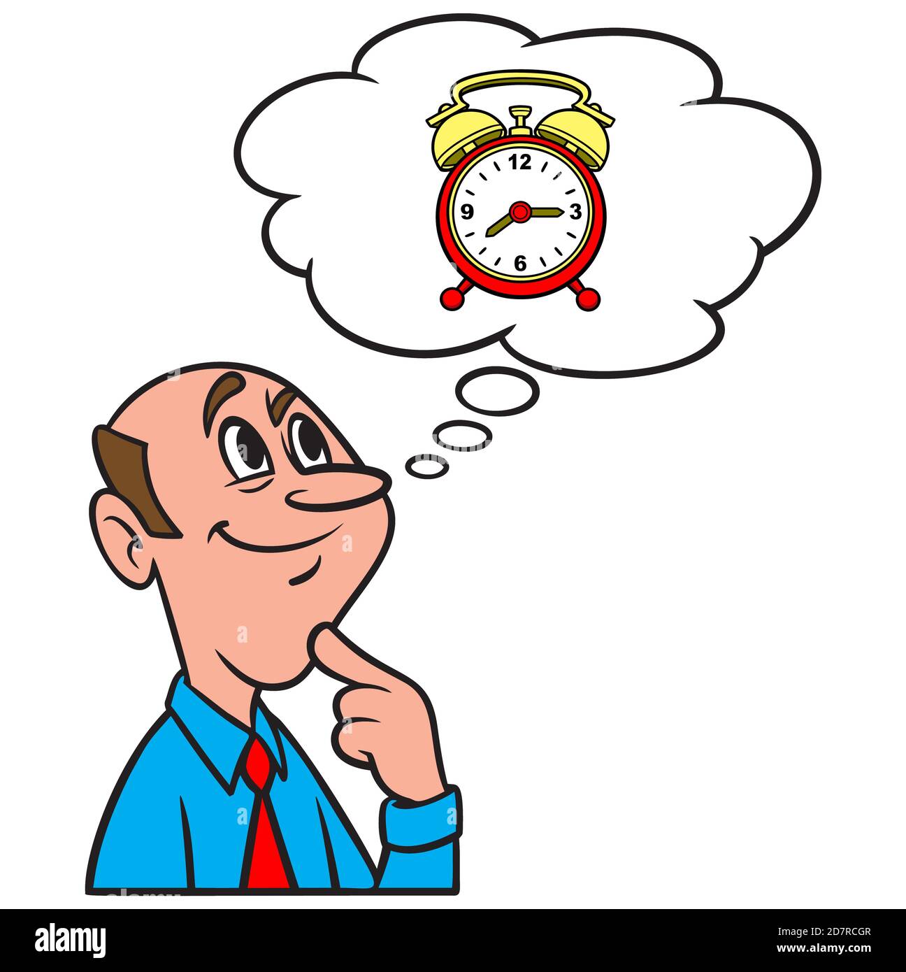 Pensar en un Reloj de alarma - una ilustración de dibujos animados de un hombre pensando en un Reloj de alarma. Ilustración del Vector