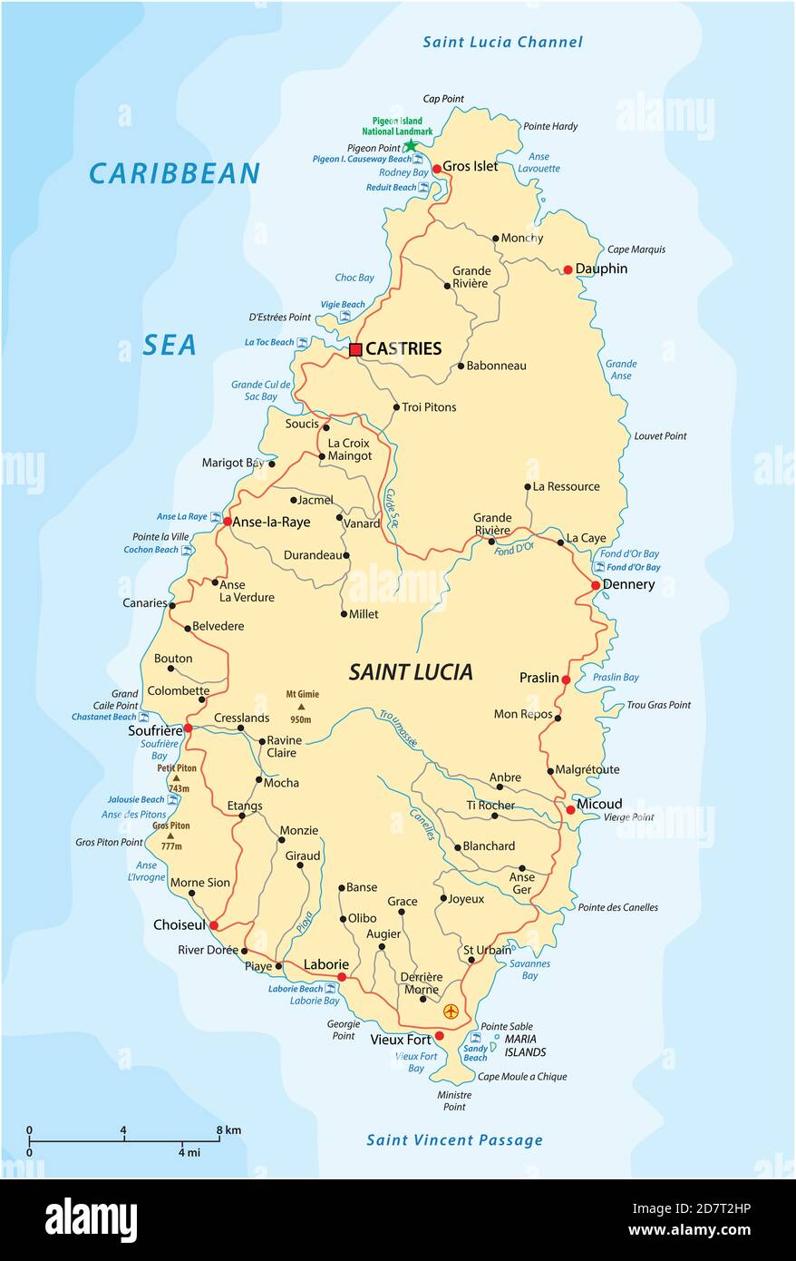Mapa de vectores de carreteras del estado de la isla de la India occidental Santa Lucía Ilustración del Vector