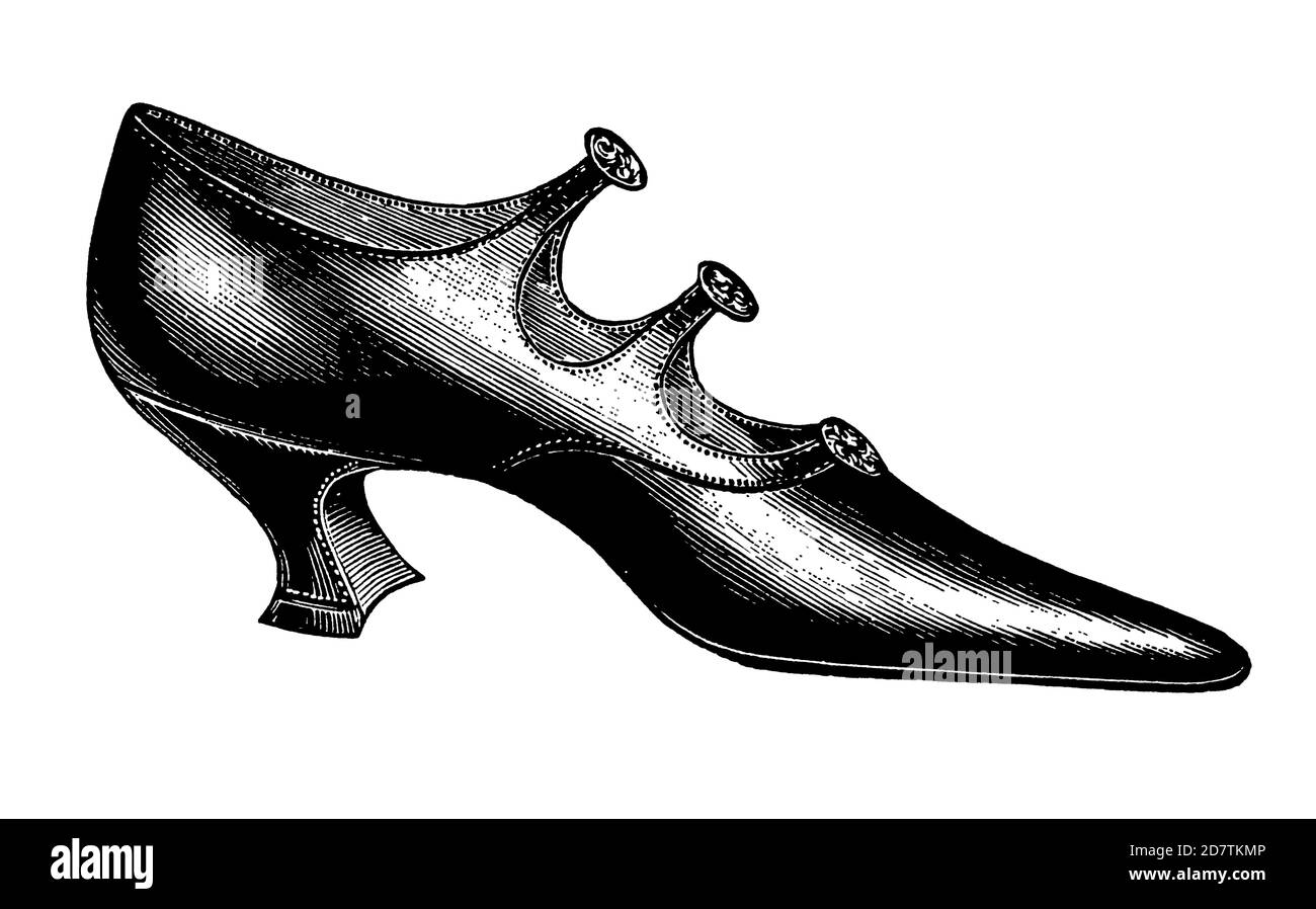 Vintage Shoe Industry Advertising - Classic Original Vintage Shoe Design Black and White Antique Illustration Aislado sobre Blanco del Arte Original Foto de stock