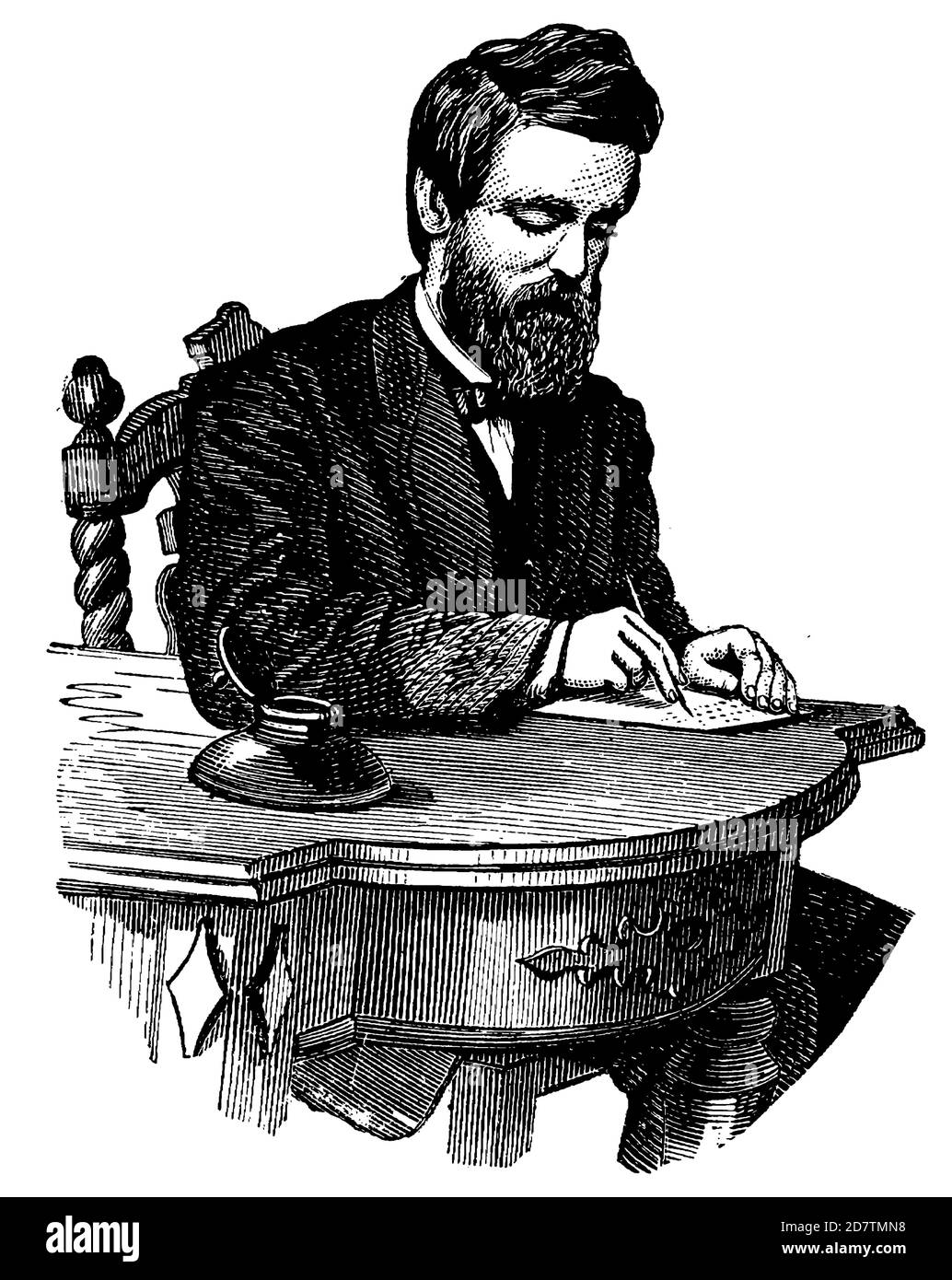 Hombre escribiendo en papel Vintage Ilustración en blanco y negro Foto de stock