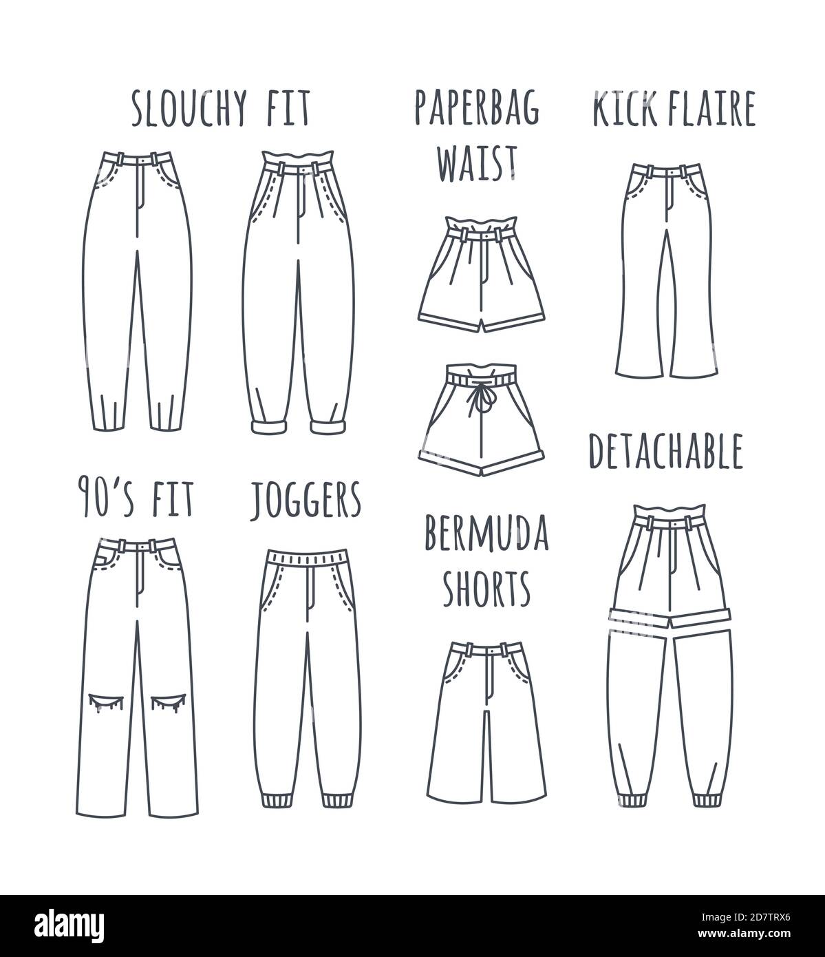 Mujer jeans de moda tipos de colección de contornos. Pantalones jean y  pantalones cortos femeninos modernos diferentes modelos. Ilustración de  vector de línea plana. Ajuste holgado, pa Imagen Vector de stock -