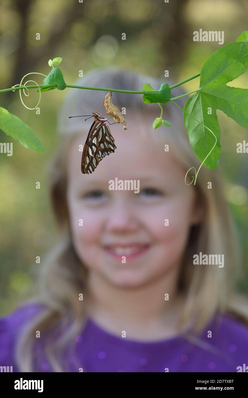 Gulf Fritillary (Agraulis vanillae), niña que sostiene mariposa, Hill Country, Central Texas, EE.UU Foto de stock