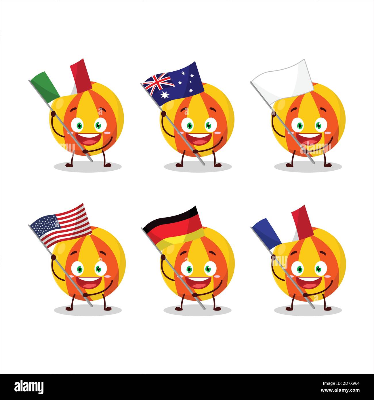 El personaje de dibujos animados de la pelota de playa amarilla trae las  banderas de varios países Imagen Vector de stock - Alamy