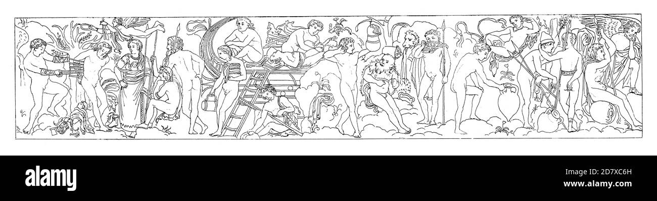 Grabado antiguo del siglo XIX que representa el detalle de la Cista Ficoroni, caja de joyas etruscas. Ilustración publicada en Systematischer Bilder Atlas - Foto de stock