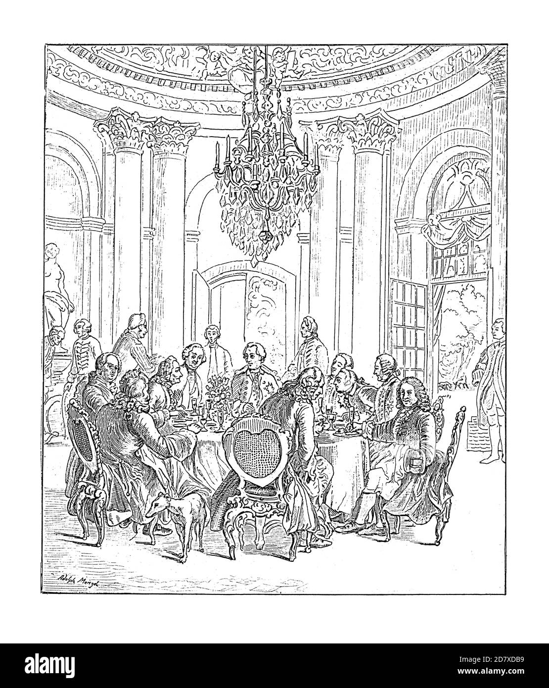 Ilustración del siglo XIX que representa la Mesa Redonda en Sanssouci,  pintura de Adolph Menzel. Fue un artista alemán conocido por dibujos,  grabados y pai Fotografía de stock - Alamy