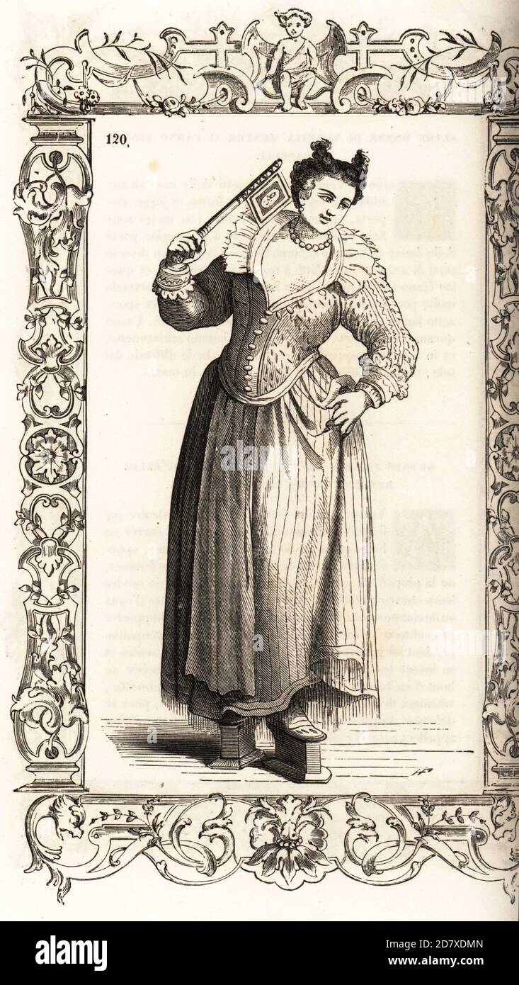 Prostituta veneciana del siglo XVI. Lleva un look masculino, estilo de  cabello con cuernos, doblete de seda, camisa de hombre, collar de perlas,  delantal largo y chopines. Dentro de un marco decorativo