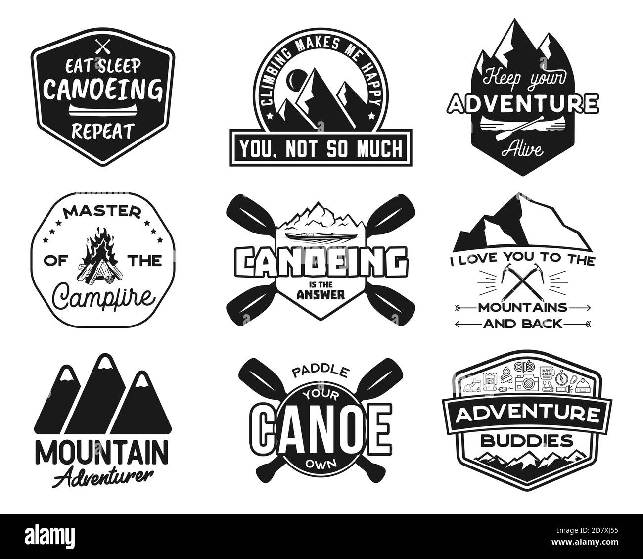 Vintage canoa kayak logos parches. Camping etiquetas diseños dibujados a  mano. Expedición de montaña, piragüismo. Piscina emblemas para camisetas.  Silueta Fotografía de stock - Alamy