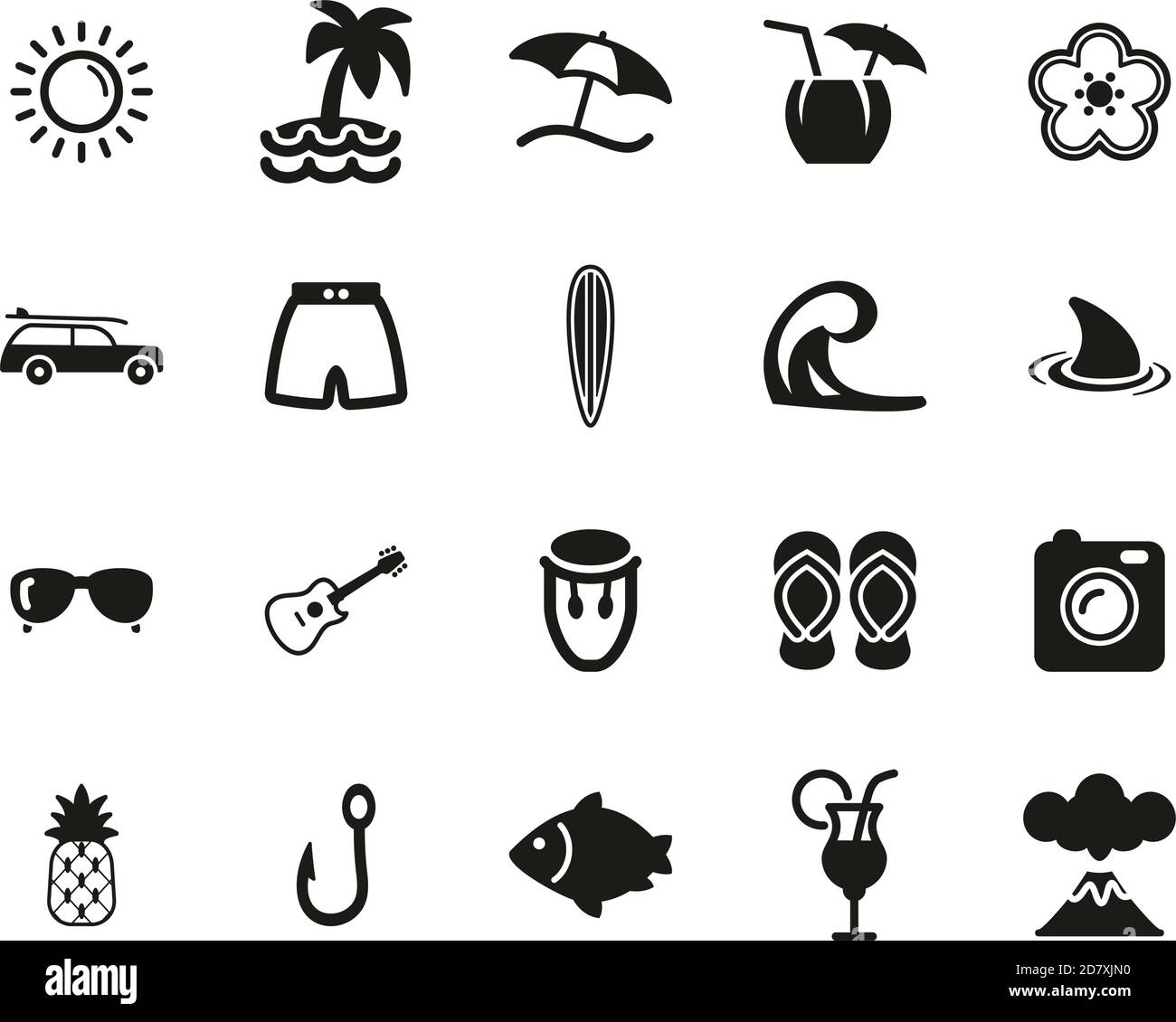 Hawaii Cultura y estilo de vida iconos Blanco y Negro conjunto Grande Ilustración del Vector