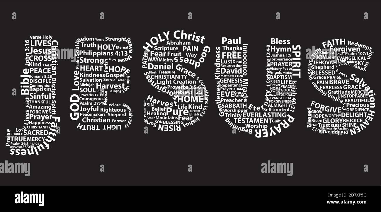 Palabra Jesús en blanco escrito con palabras cristianas sobre fondo