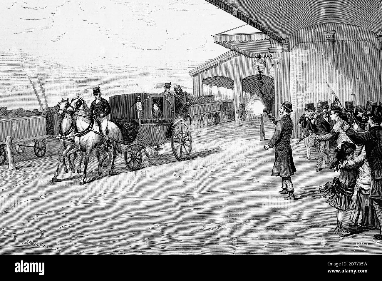 Windsor Station, el regicidio escocés Roderick Maclean dispara a la Reina Victoria, 2. Marzo de 1882, en un ataque fallido. Ilustración antigua. 1882. Foto de stock