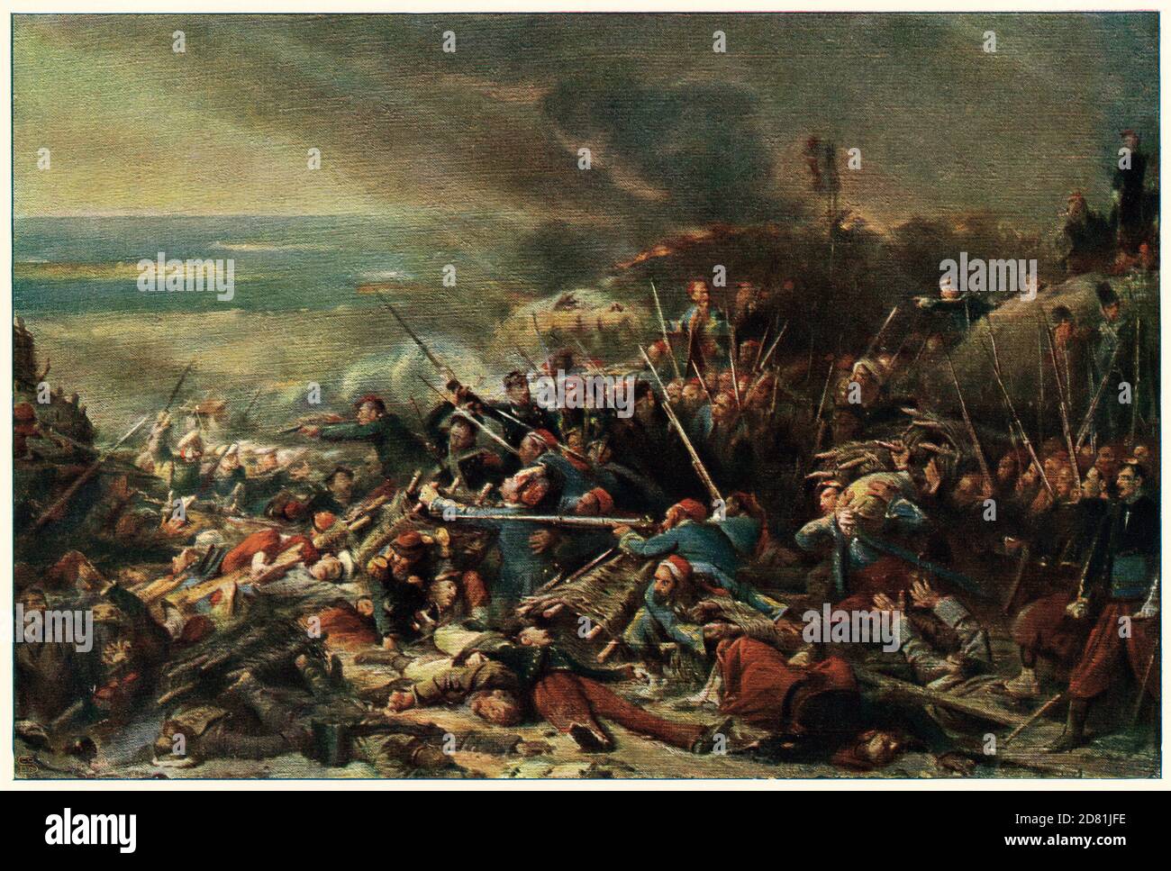Los franceses atacan al ejército ruso en la batalla de Malakoff, el sitio de Sebastopol, la guerra de Crimea. Color de la media tinta de una pintura de Adolphe Yvon Foto de stock