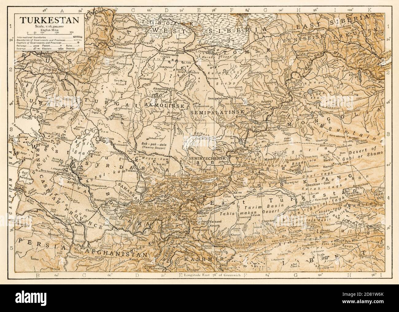 Mapa de Turkestán a principios de 1900. Litografía de color Foto de stock
