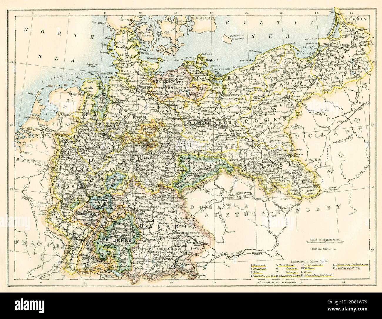 Mapa de Alemania en la década de 1870. Litografía de color Foto de stock
