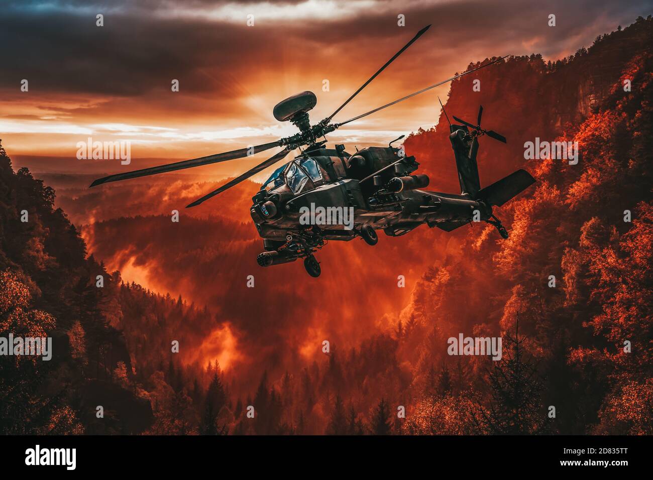 El helicóptero americano de ataque vuela sobre un hermoso paisaje Foto de stock