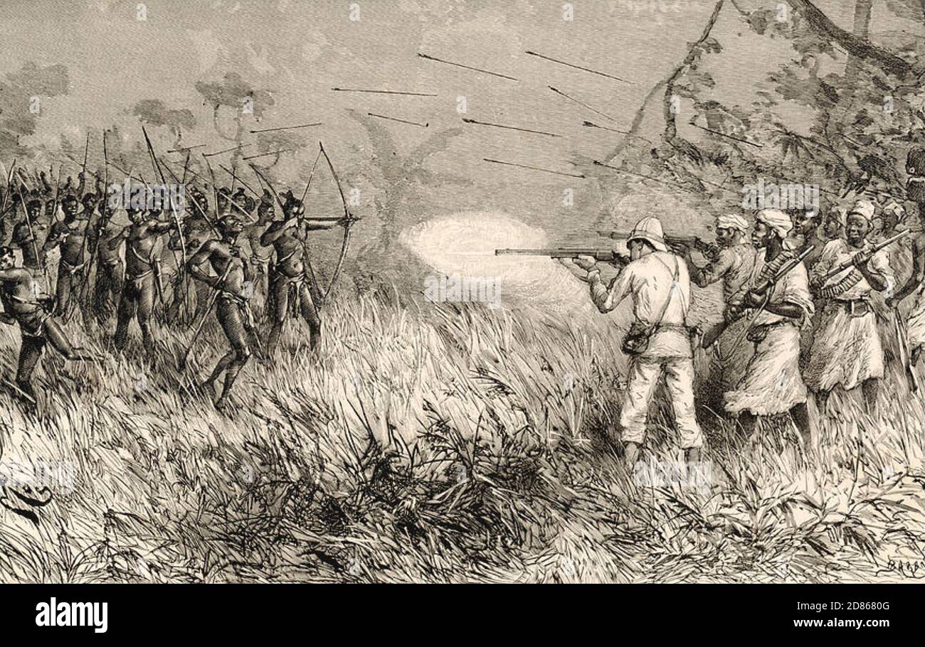EXPEDICIÓN DE SOCORRO DE EMIN PASHA 1888. Después de su deserción los Madis a la izquierda atacan la fuerza principal Foto de stock