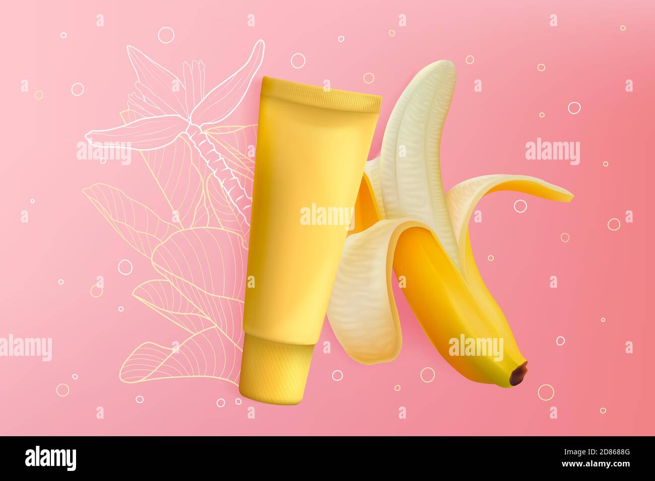 Banana cosméticos paquete de cuidado de la piel ilustración vectorial. Gel realista o producto