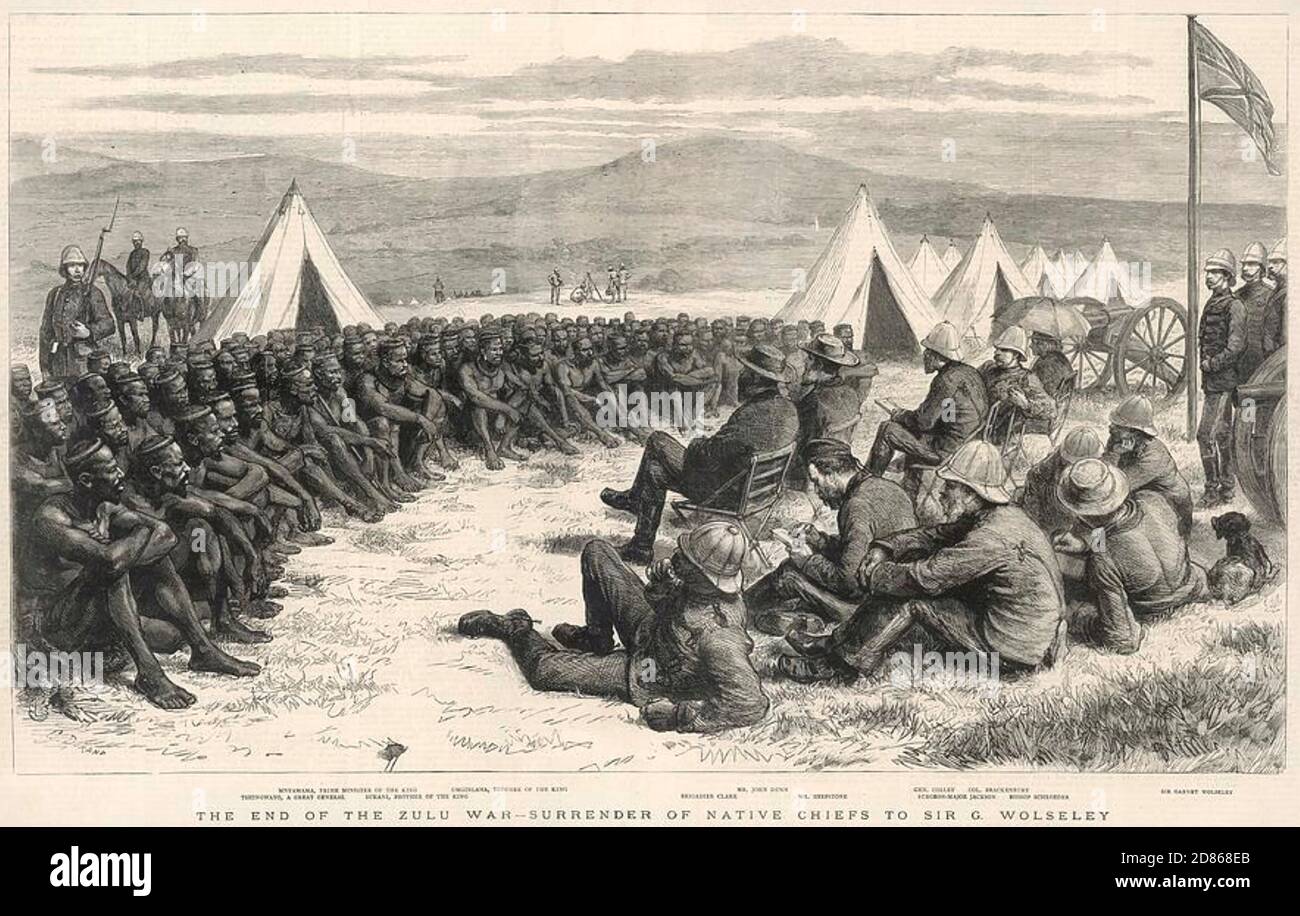 GUERRA ANGLO-ZULU 1879. Sir Garnett Wolseley sentado a la derecha discute términos de paz con los jefes zulúes después de su rendición. Foto de stock