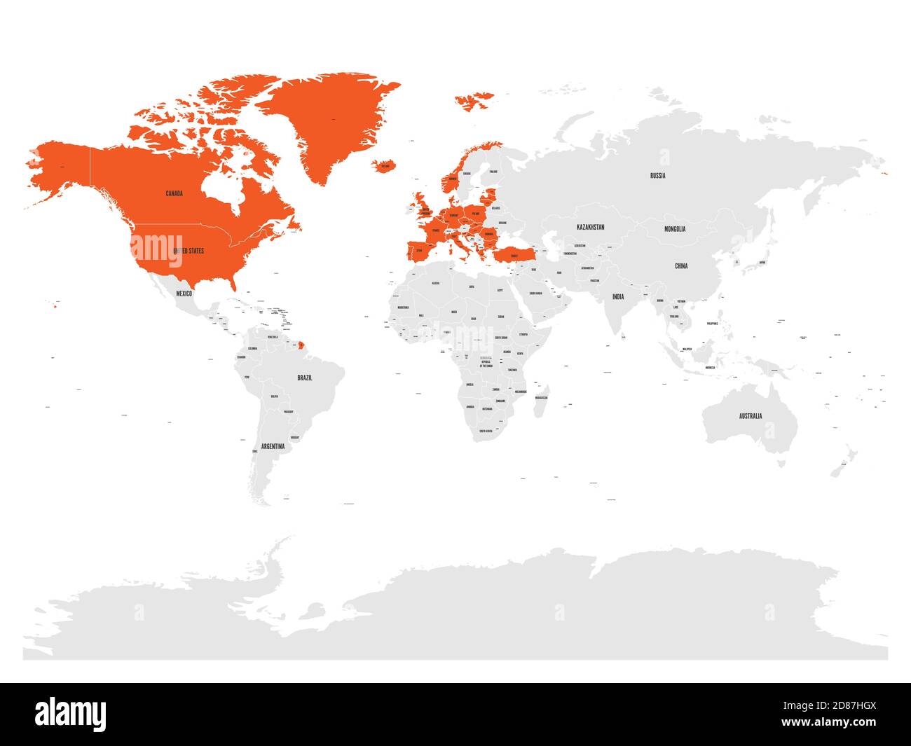 Organización del Tratado del Atlántico Norte, OTAN, países miembros destacados por naranja en el mapa político mundial. 29 estados Miembros desde junio de 2017. Ilustración del Vector