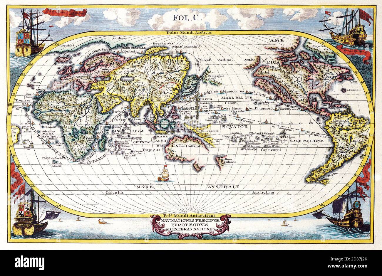 Antiguo mapa ilustrado del mundo, estilo vintage lleno de detalles Foto de stock