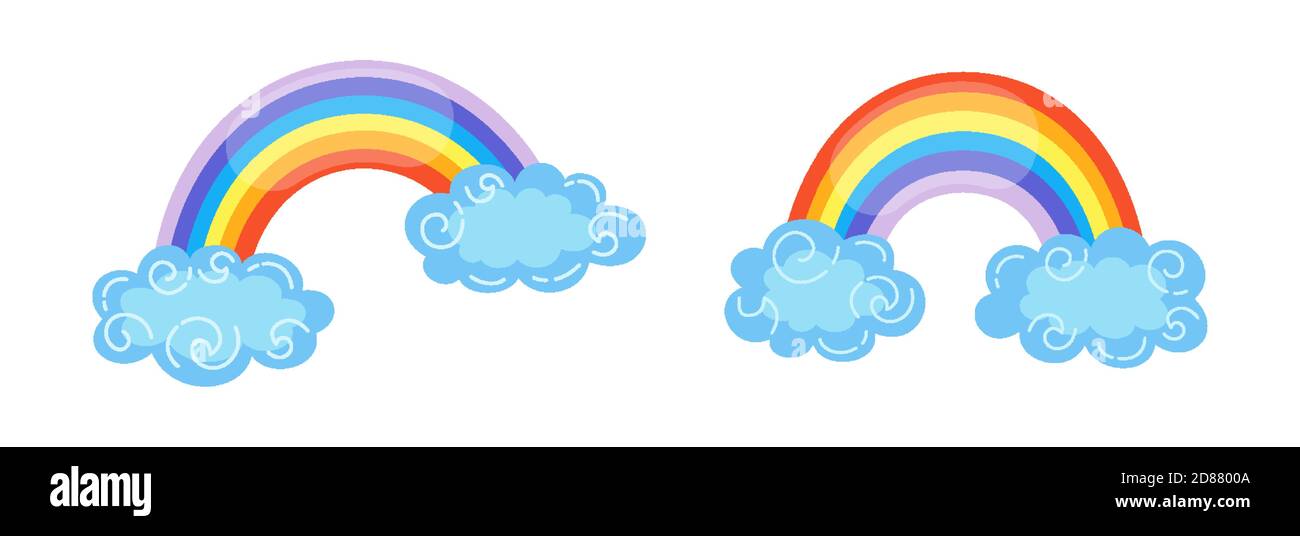 Arco iris con nubes de dibujos animados de estilo. Resumen colores de arco iris plano símbolo dibujado a mano. Bonito elemento de clima natural brillante para los niños. Para impresión, tarjeta, tela. Arco iris con nubes de dibujos animados de estilo. Resumen colores de arco iris plano símbolo dibujado a mano. Bonito elemento de clima natural brillante para los niños. Para impresión, tarjeta, tela.