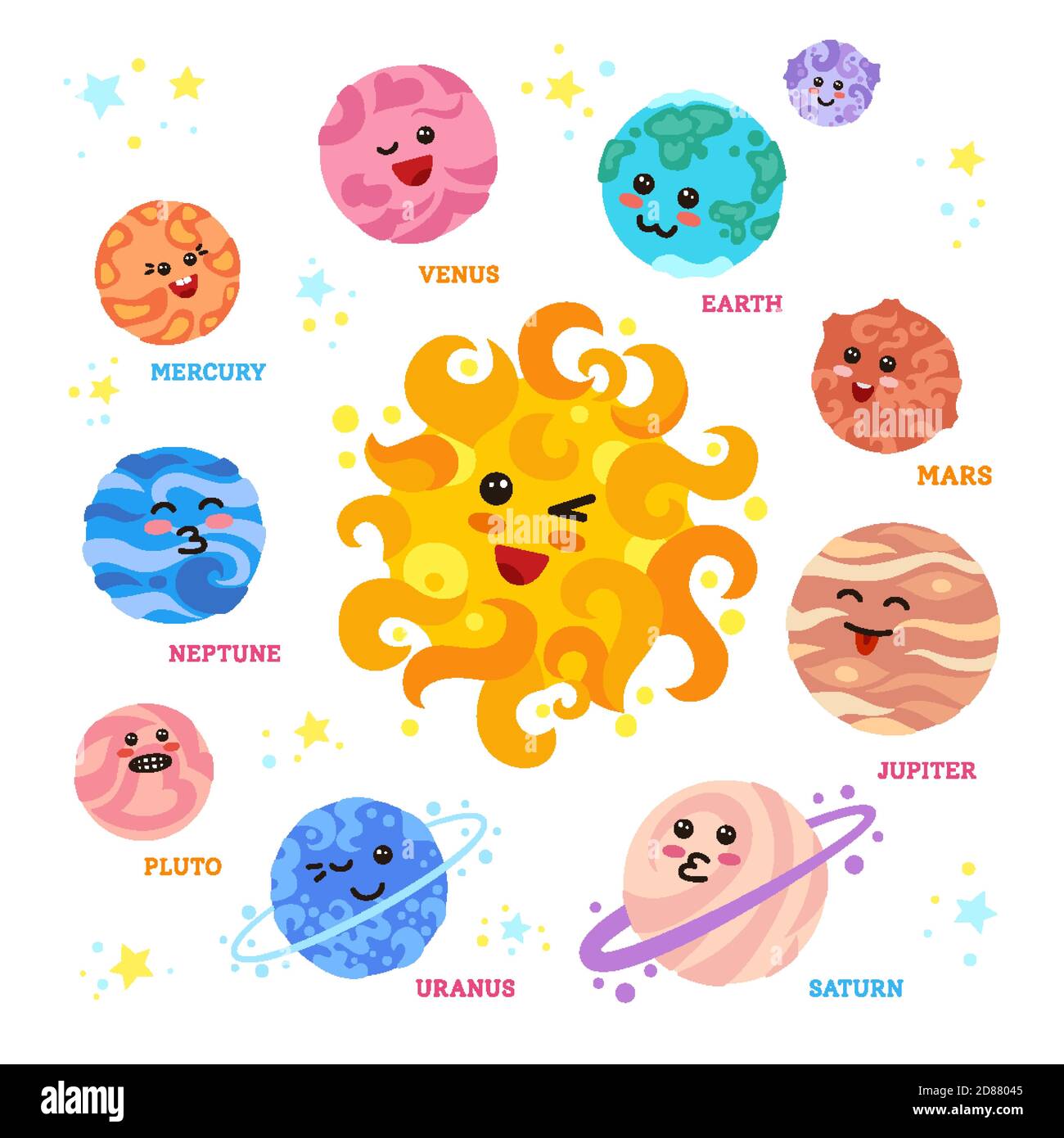 Planetas alrededor del espacio solar con emoticones cute kawaii, caras de  dibujos animados. Dibujos animados nombres del sistema solar. Observatorio  astronómico. Sol luna mercurio venus tierra marte júpiter saturno neptuno.  Ilustración vectorial