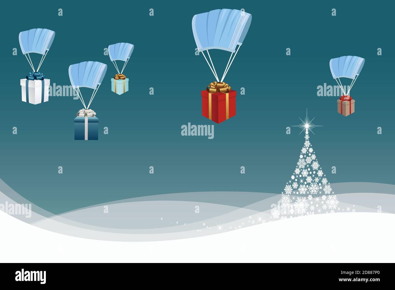 vector de regalos de navidad cayendo del cielo con máscara facial como paracaídas Foto de stock