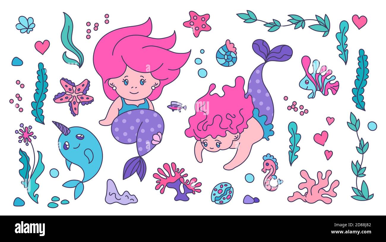 Life of Mermaids - conjunto de pegatinas aisladas para niños. Vector con  pequeñas sirenas, nargales, conchas, plantas acuáticas, estrellas de mar,  coral y anémona Imagen Vector de stock - Alamy
