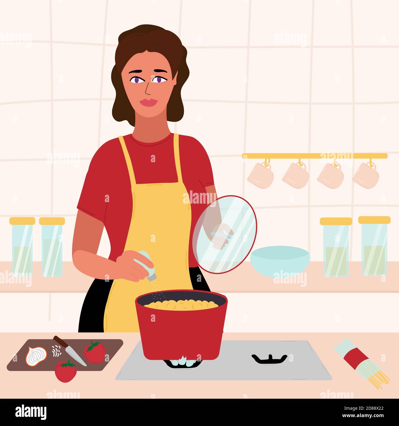 Hermosa mujer cocinando en su cocina. Morena en un vestido rojo y sopa de  sal de delantal amarillo y sostiene la tapa de la olla. Ilustración  vectorial de dibujos animados Imagen Vector