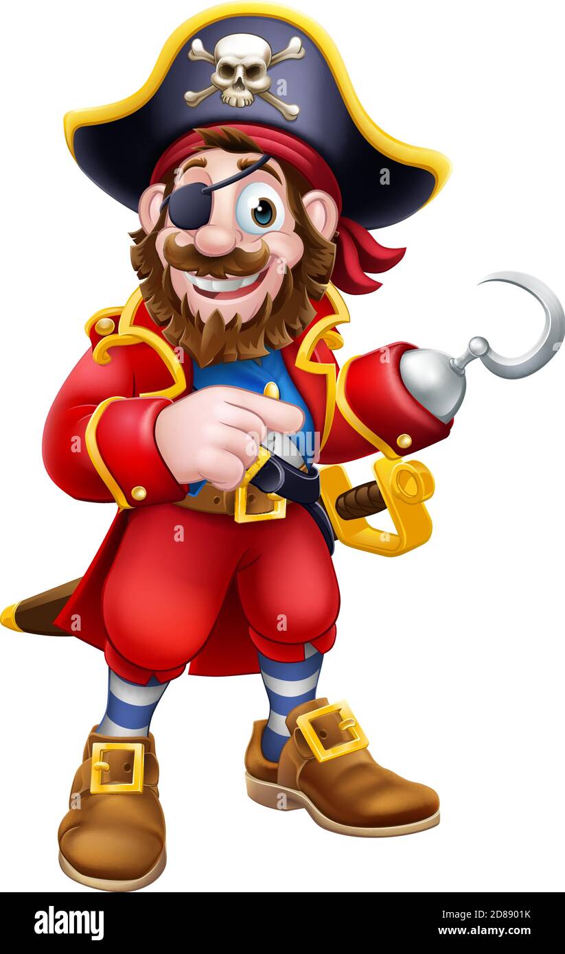 Pirata Capitán Cartoon mascota señalando Ilustración del Vector