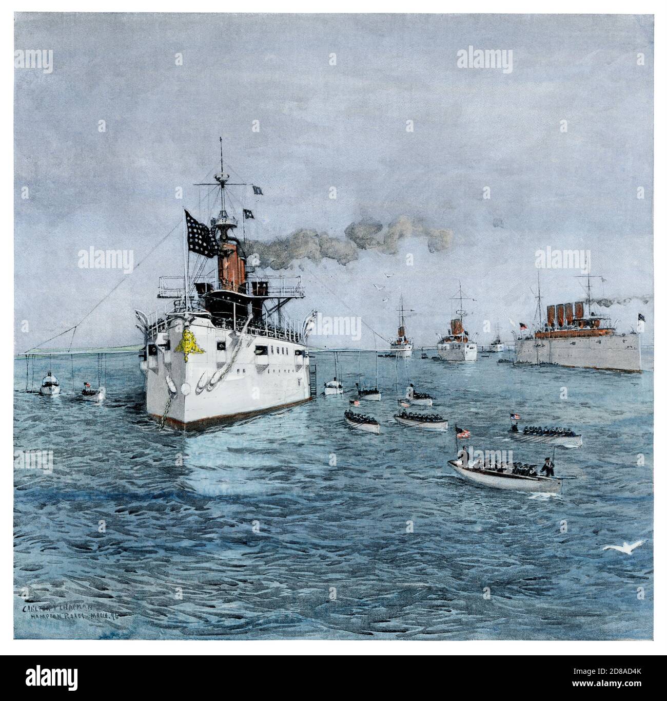 Escuadrón Atlántico Norte de la Marina DE LOS ESTADOS UNIDOS en Hampton Roads va, 1896 (USS New York, Cincinnati, Maine, Montgomery, Columbia). Ilustración de semitonos de color a mano Foto de stock