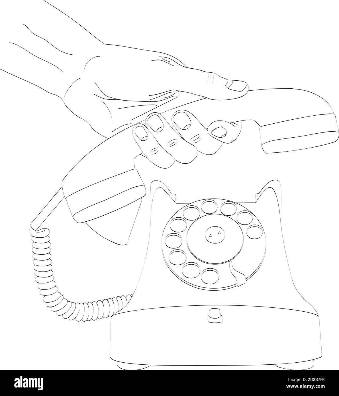 Detalle de una mano de mujer descolgando un teléfono blanco antiguo con  cable. Mano sosteniendo el auricular de un teléfono fijo de casa u oficina.  Concepto de atender una llamada telefónica. Stock