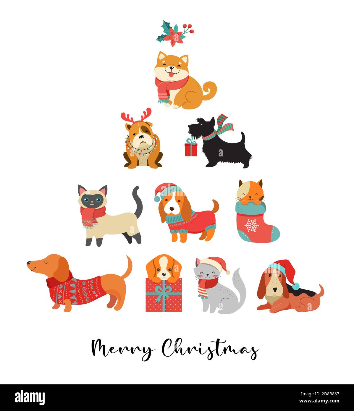 Colección de gatos y perros de Navidad, Feliz Navidad ilustraciones de  mascotas con accesorios como sombreros de punto, suéteres, bufandas Imagen  Vector de stock - Alamy