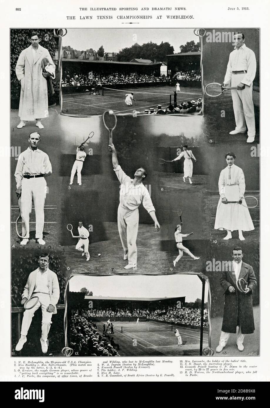 Wimbledon, revista de 1913 cobertura de la apertura del Campeonato de Tenis de césped en julio con fotografías de hombres y mujeres incluyendo al campeón de hombres Anthony Wilding Foto de stock