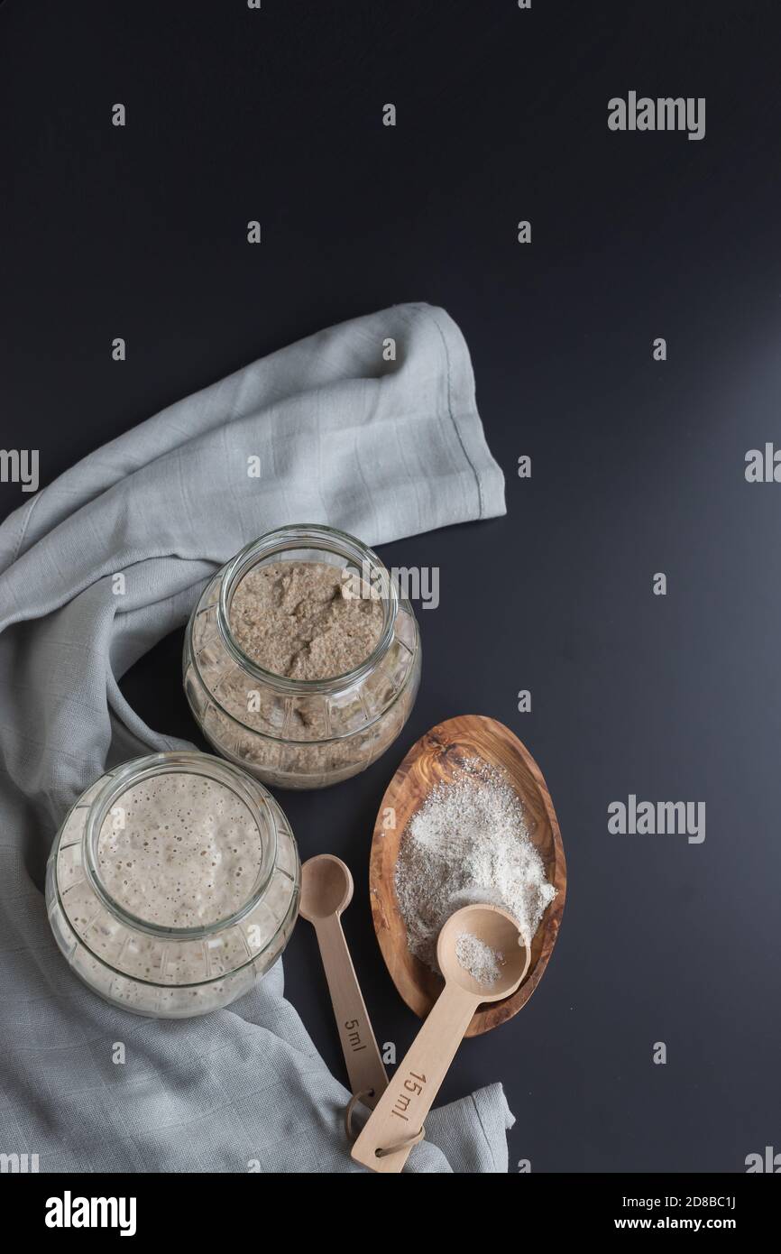 arrancadores de masa fermentada natural: cebadores de centeno y trigo espumantes recién fermentados en tarros de vidrio listos para usar para hacer pan de masa fermentada Foto de stock