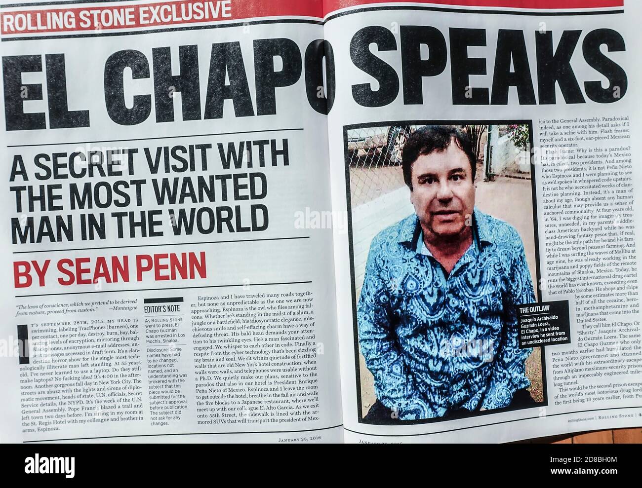 Entrevista de Rolling Stone Magazine con el líder mexicano de Drugs Cartel el Chapo Guzman por el actor de Hollywood sean Penn Foto de stock