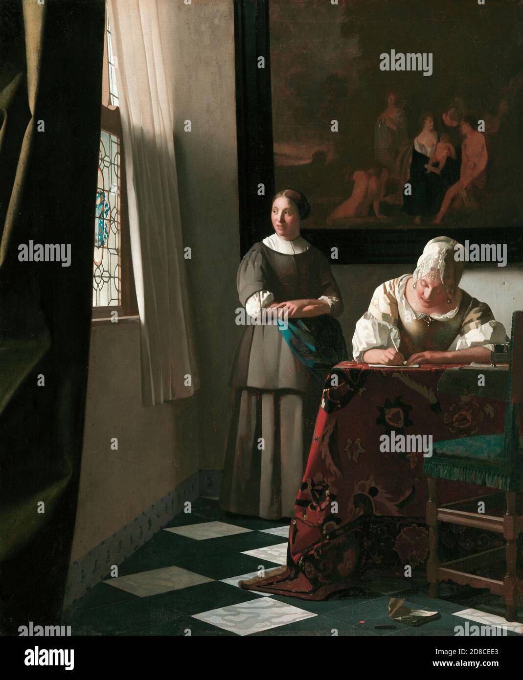 Título: Dama escribiendo una carta con su Maid Creador: Johannes Vermeer Fecha: c.1670 Medio: Óleo sobre lienzo Dimensiones: 72.2 x 59.5 cm ubicación: Galería Nacional de Irlanda, Dublín Foto de stock