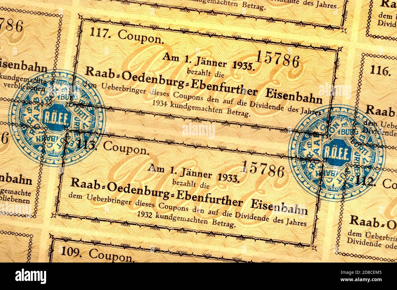 Certificado de acciones alemán/húngaro para el ferrocarril Győr-Sopron-Ebenfurt (1876) cupones de dividendos Foto de stock