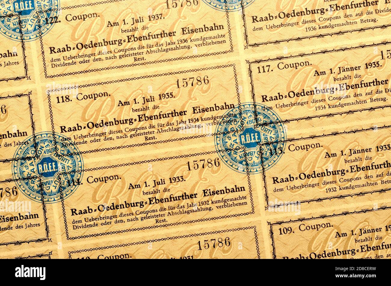 Certificado de acciones alemán/húngaro para el ferrocarril Győr-Sopron-Ebenfurt (1876) cupones de dividendos Foto de stock