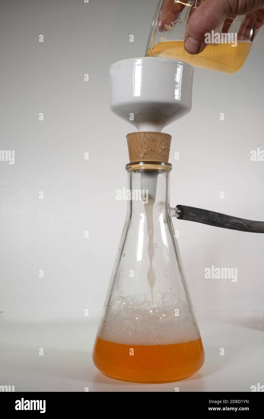 Demostración de un embudo y un matraz Buchner. La manguera negra está  conectada a una bomba de vacío y se está filtrando un preparado naranja  Fotografía de stock - Alamy