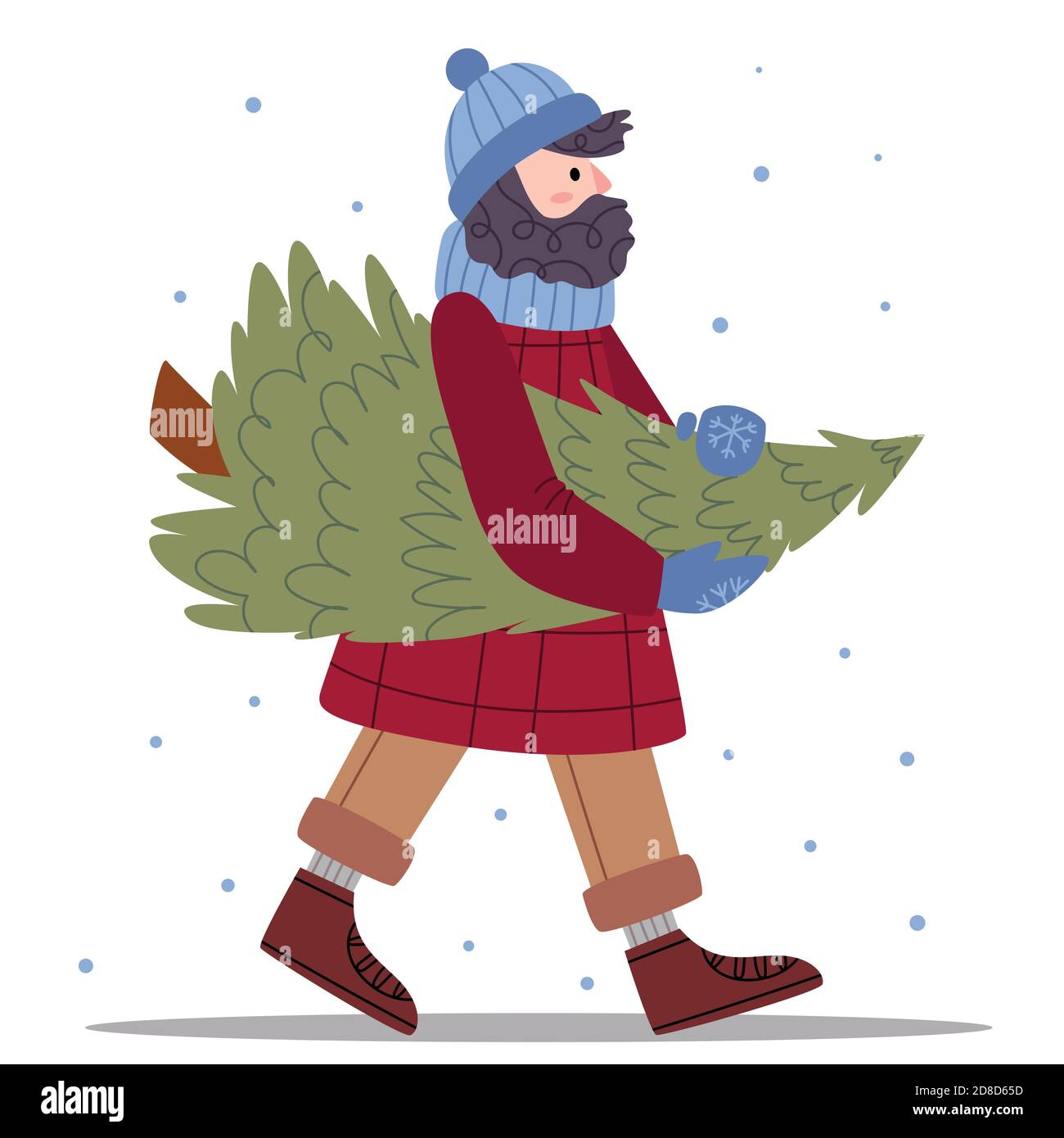 Un hombre barbudo con ropa de invierno lleva un árbol de Navidad. Moda de invierno. Ambiente acogedor. Ilustración para el libro de los niños. Lindo Poster.ilustración simple Ilustración del Vector
