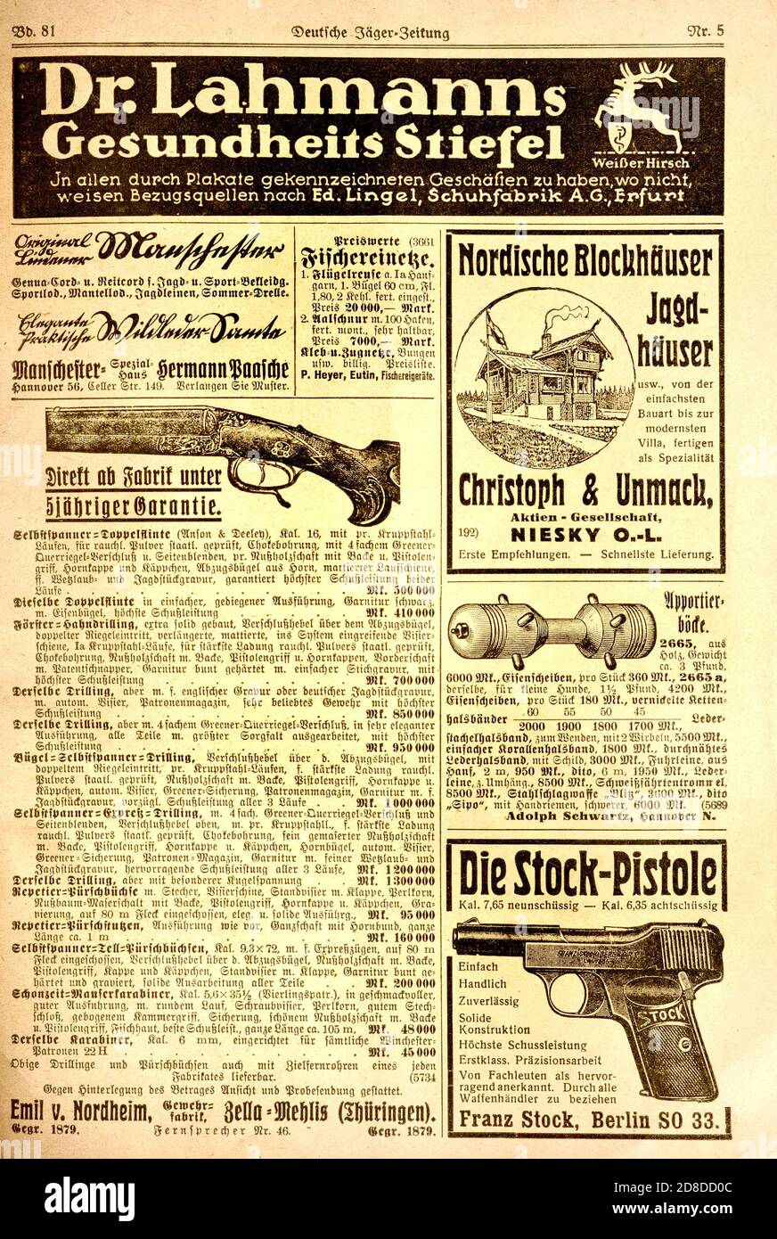 Documento alemán: Hunters' Newspaper / magazine: Deutsche Jaeger Zeitung (abril de 1923) anuncios clasificados en la parte trasera para fusiles de caza, pistolas, cazas Foto de stock