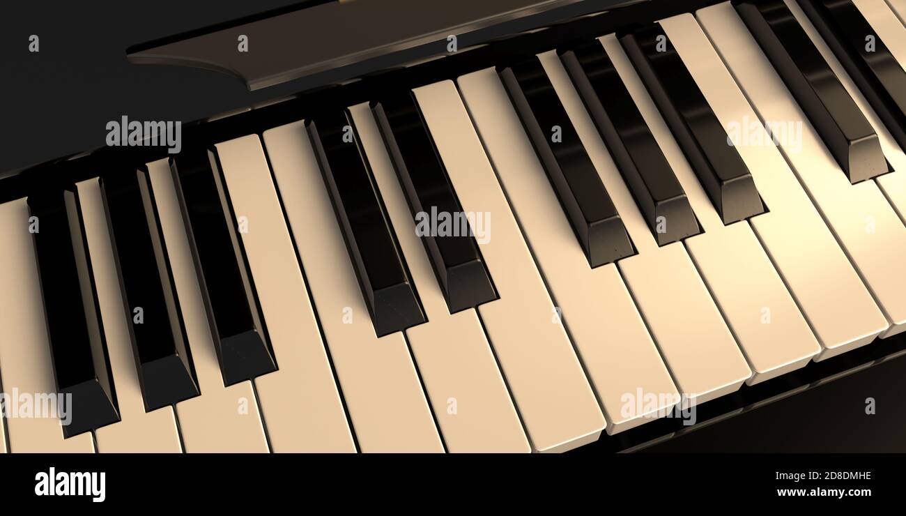 Teclas de piano, vista desde arriba. Luz suave en el teclado de piano, Vista de primer plano. Concepto de música clásica. ilustración 3d Foto de stock