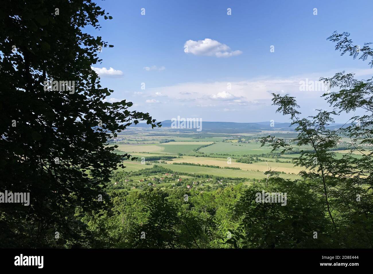 Paisaje húngaro con vistas de prados y colinas contra el cielo azul a través de las ramas de los árboles en primer plano. Foto de stock
